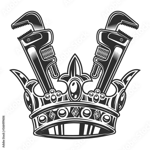 Vintage royal crown with body shop mechanic spanner repair tool or construction wrench for gas and builder plumbing pipe in monochrome style isolated vector illustration
