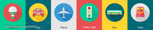 A set of 6 transport icons as parachute, car, plane