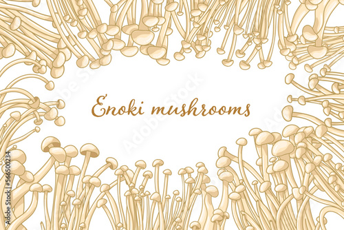 Enoki mushroom frame. Asian food drawing. Colorful gourmet fungus about asian food. Edible gourmet enoki for healthy lifestyle photo