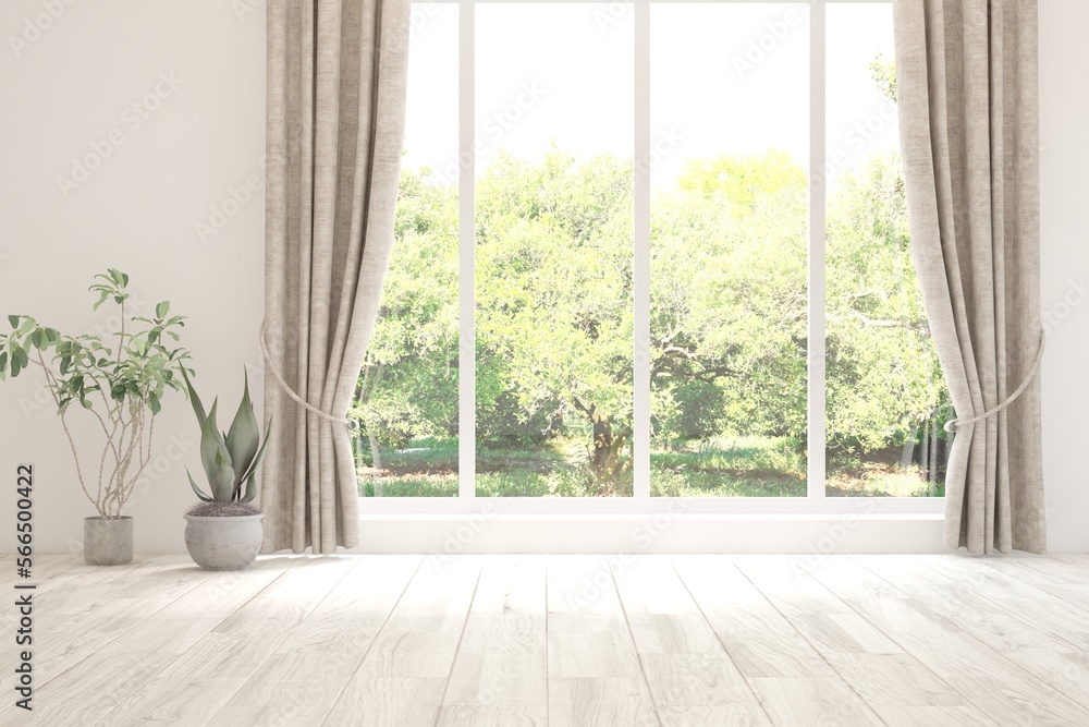 White empty room with summer landscape in window. Scandinavian interior design. 3D illustration White empty room with summer landscape in window. Scandinavian interior design. 3D illustration