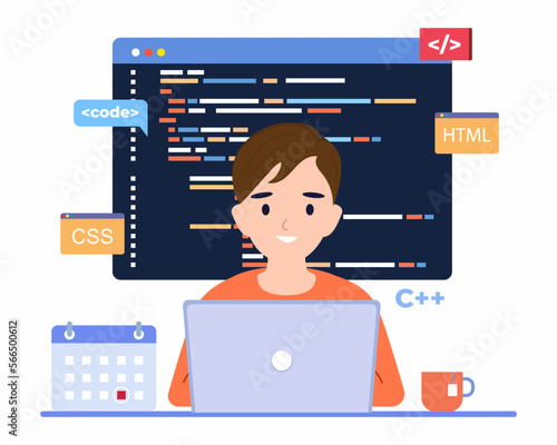 Programmer, Developer, engineer with laptop and writing code at computer, creates software.