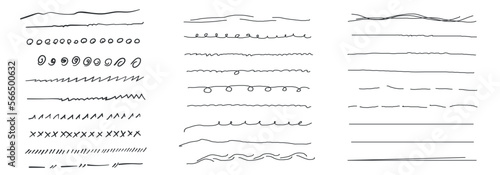 Set of artistic pen brushes.Doodles, ink brushes.Set of vector grunge brushes. Collection of strokes of markers. Set of wavy horizontal lines