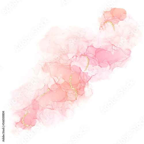 Pastel rose or pink watercolor  stroke splash with luxury golden  and glitter gold lines round contour  for banner or logo wedding elements