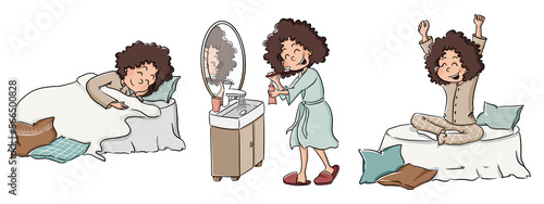 Woman with dark coloured curly hair wake up in the morning, brush teeth. Every day life collection. Happiness in every moment. Active lifestyle. Morning routine.