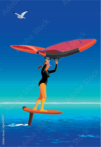 Young Woman on Wing Foil surf in open ocean 