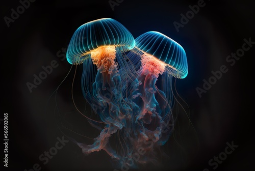 glowing sea jellyfishes on dark background, neural network generated art. generative ai © Artistic