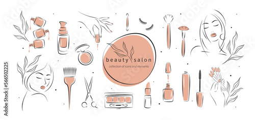 Big set of elements and icons for beauty salon. Nail polish   manicured female hands  beautiful woman face  lipstick  eyelash extension  makeup  hairdressing. Vector illustrations