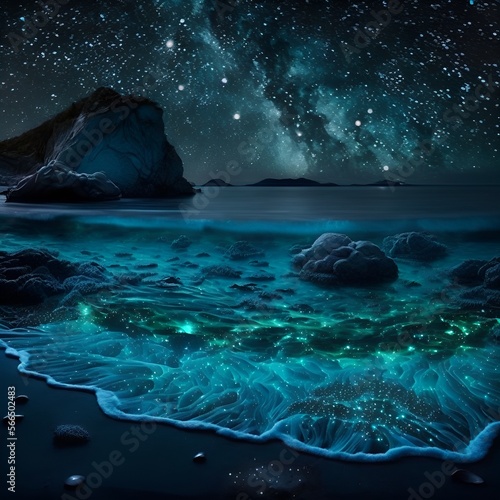 Bio luminescent sea at night with stary skies