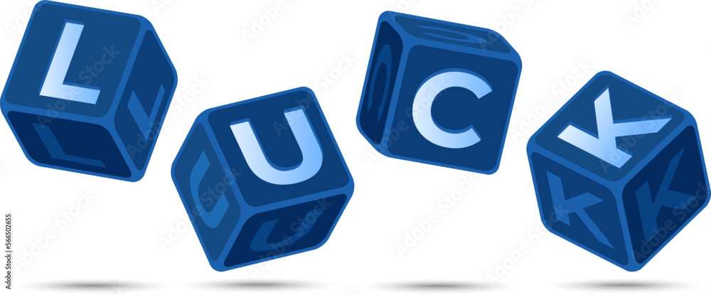 Playing dice with LUCK written on it. Gambling dice - 3D cubes. Nice vector illustration for a t-shirt or other clothes Playing dice with LUCK written on it. Gambling dice - 3D cubes. Nice vector illustration for a t-shirt or other clothes