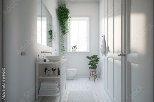 Bath Room  Interior Design  Classic Contemporary  Series   Crisp white walls with light oak flooring  understated furnishings  and simple elegant d  cor. Generative AI 