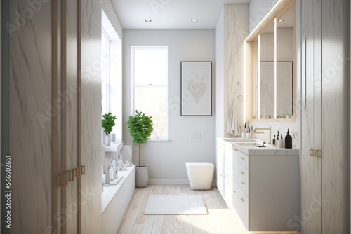 Bath Room  Interior Design  Classic Contemporary  Series   Crisp white walls with light oak flooring  understated furnishings  and simple elegant d  cor. Generative AI 