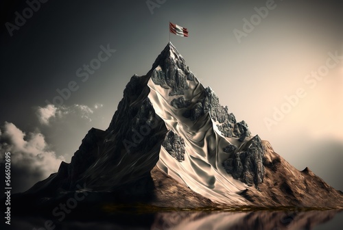 Digital mountain with flag on top. generative ai