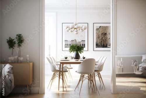 Dining Room  Interior Design  Classic Contemporary  Series   Crisp white walls with light oak flooring  understated furnishings  and simple elegant d  cor. Generative AI 