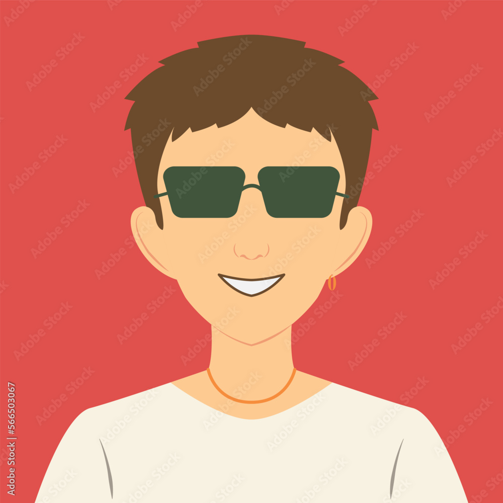 Avatar portrait of stylish young man wearing sunglasses. Flat Vector illustration