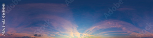 Dark blue sunset sky panorama with pink Cirrus clouds. Seamless hdr 360 panorama in spherical equirectangular format. Full zenith for 3D visualization, sky replacement for aerial drone panoramas. © panophotograph