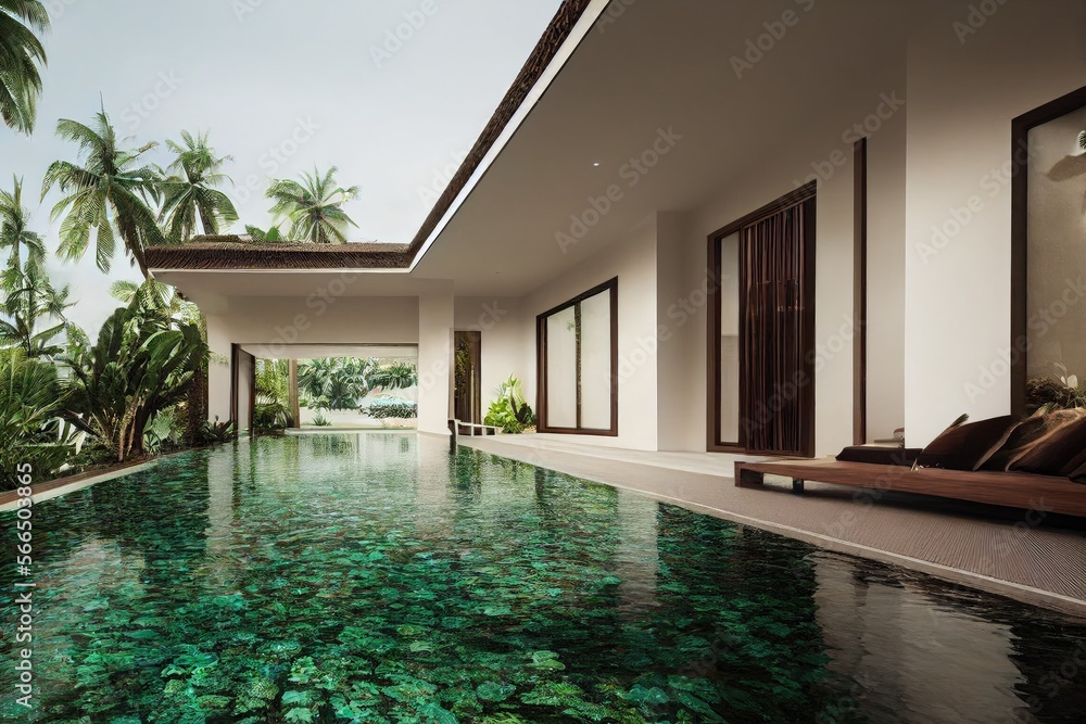 Fototapeta premium Luxury with tropical Jungle villa resort luxurious swimming pool. Generative AI illustration