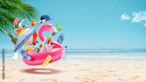 Happy inflatable flamingo at the beach