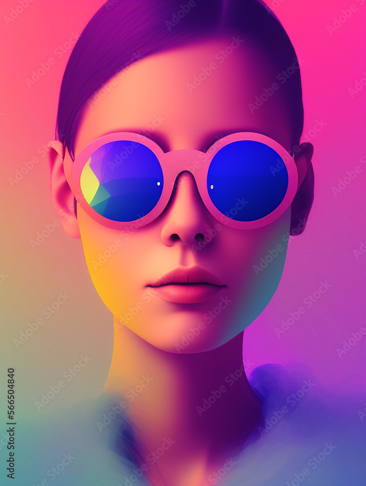 Generative AI illustration of a fantasy bright portrait of a girl in glasses with blue mirror lenses. Multicolored lighting.