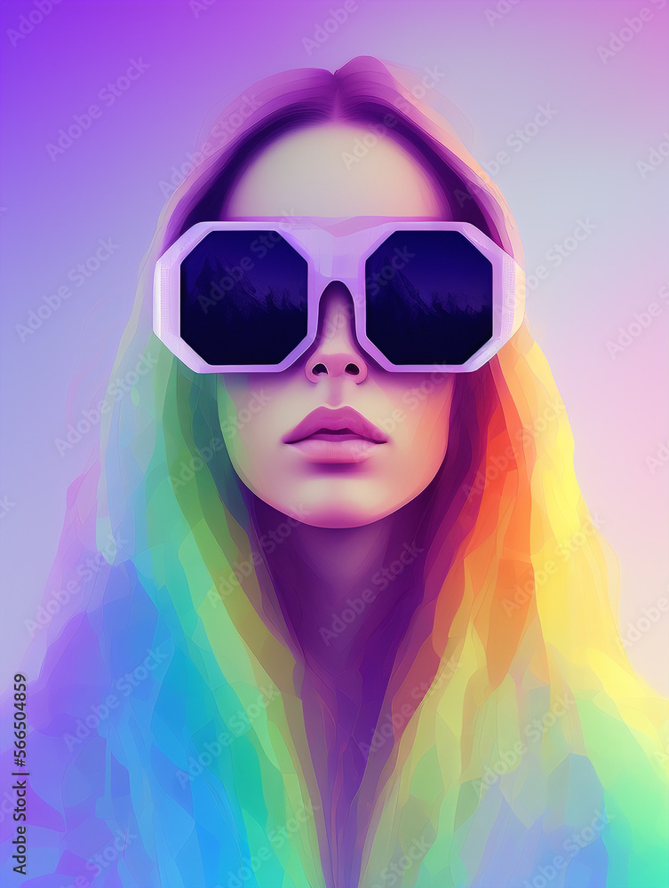 Illustration of a fantasy portrait of a girl with long multi-colored hair in glasses reflecting a mountain landscape. Modern Art. Generative AI.