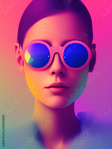 Generative AI illustration of a fantasy bright portrait of a girl in glasses with blue mirror lenses. Multicolored lighting.