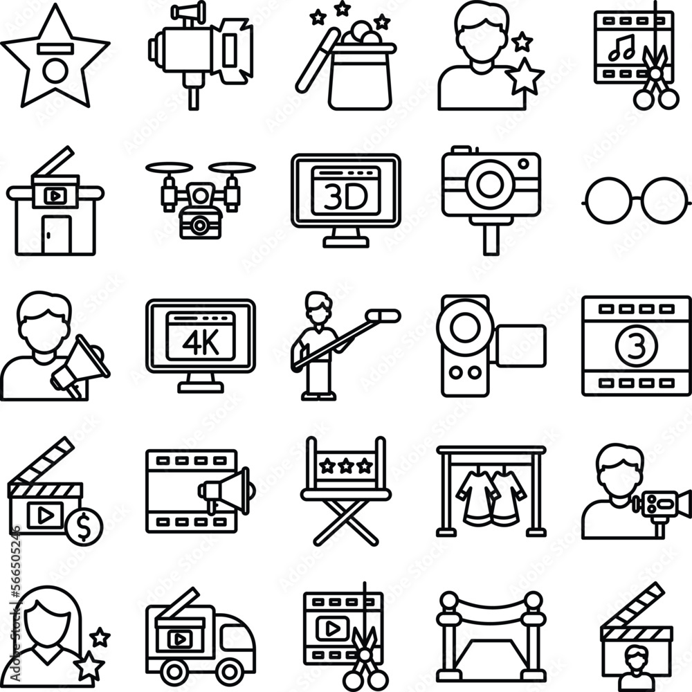 Video Production icons set, film industry icons, cinema icons set, Video Production icons pack, Video icons, Video Production of icons, video making icons set, video production line icons set