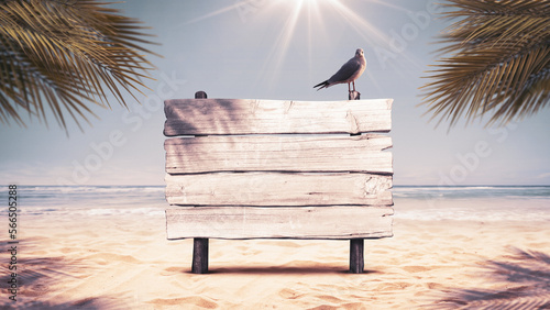 Wooden sign and seagull on the beach photo