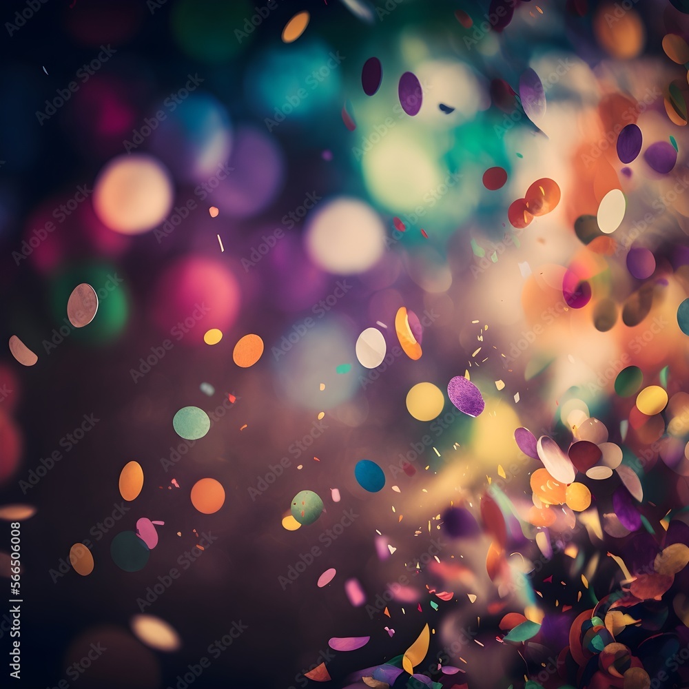 Colorful confetti in front of a colorful background with bokeh for a carnival theme