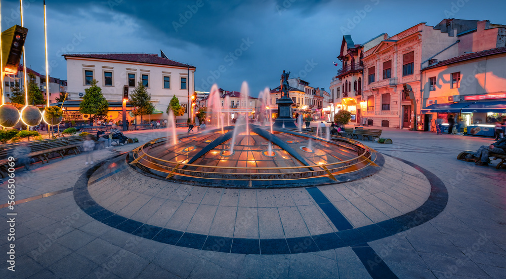 Dramatic evening scene of fountain in Central Park of Bitola city. Vacation in North Macedonia; Europe. Traveling concept background.