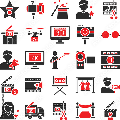Video Production icons set, film industry icons, cinema icons set, Video Production icons pack, Video Production icons, Video Production of icons, video making icons set, video glyph dual icons set