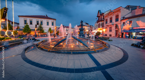 Dramatic evening scene of fountain in Central Park of Bitola city. Vacation in North Macedonia; Europe. Traveling concept background.