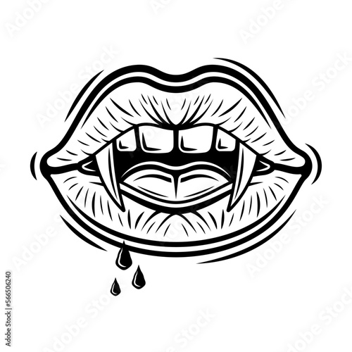 Vampire women mouth with fangs and blood drops vector illustration in vintage tattoo style isolated on white background