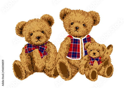 親子のくまのぬいぐるみのイラスト　赤いチェックのリボンをつけたかわいいテディベア