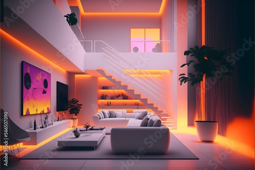 Modern living room with neon led light, generative ai, high ceiling, and warm colorful led sign light as the wall blends in with the furniture's design.