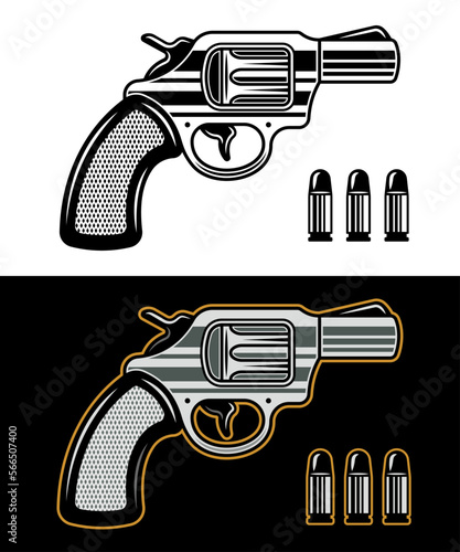 Gun or revolver vector illustration in two styles black on white and colorful on dark background