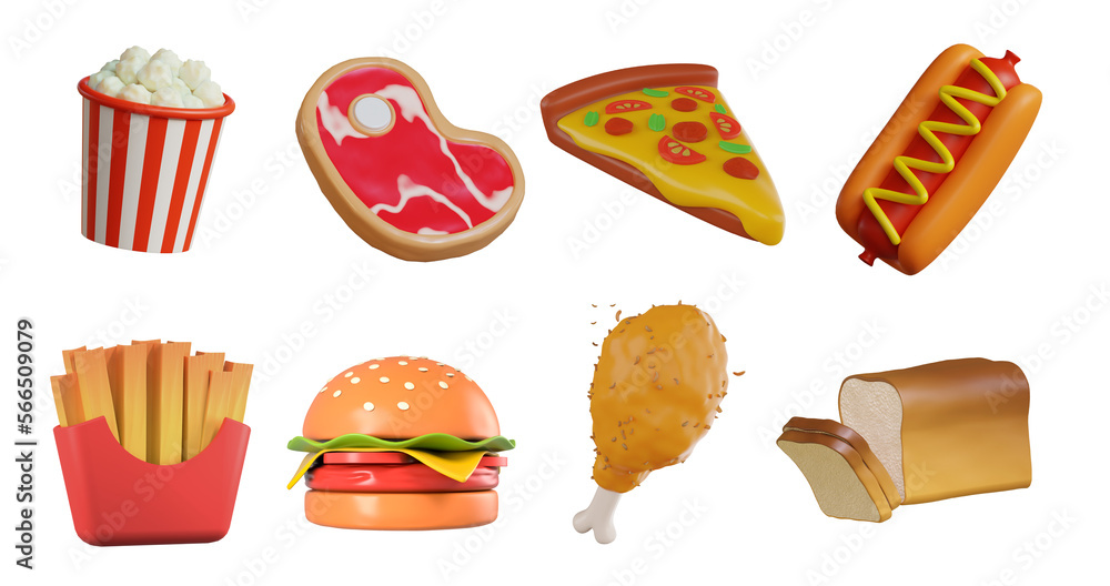 Fast food Realistic 3d rendering icon set. Pizza, taco, hamburger, fries potatoes, hot dog, popcorn, chicken leg Fast food Realistic 3d rendering icon set. Pizza, taco, hamburger, fries potatoes, hot dog, popcorn, chicken leg