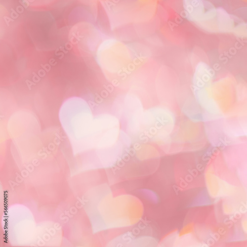 Defocused abstract bokeh background with pink pastel colored hearts, flare from lights, blurred bokeh holiday, celebration wallpaper. love and romance aesthetic photo, glittering lights pattern