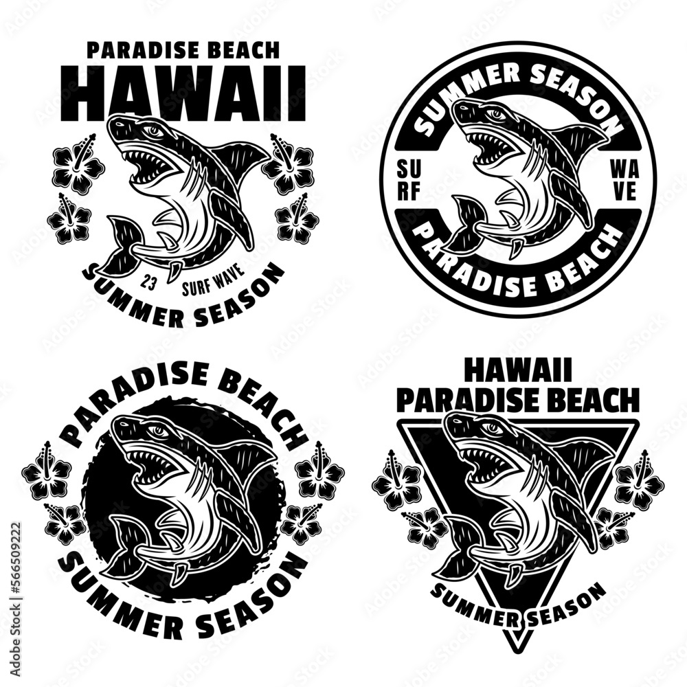 Hawaii paradise beach set of vector emblems, labels, badges or logos in vintage monochrome style with shark isolated on white background Hawaii paradise beach set of vector emblems, labels, badges or logos in vintage monochrome style with shark isolated on white background