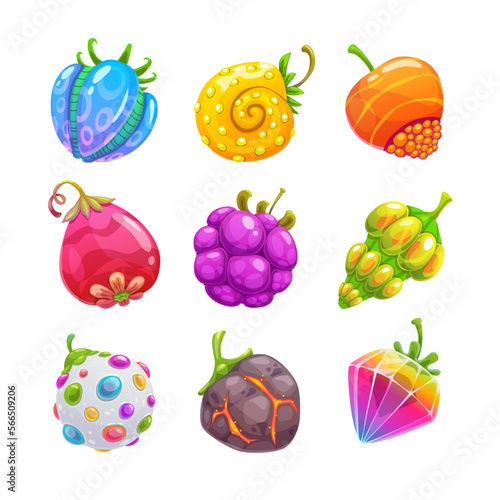 Funny cartoon colorful fantasy fruits, vector set