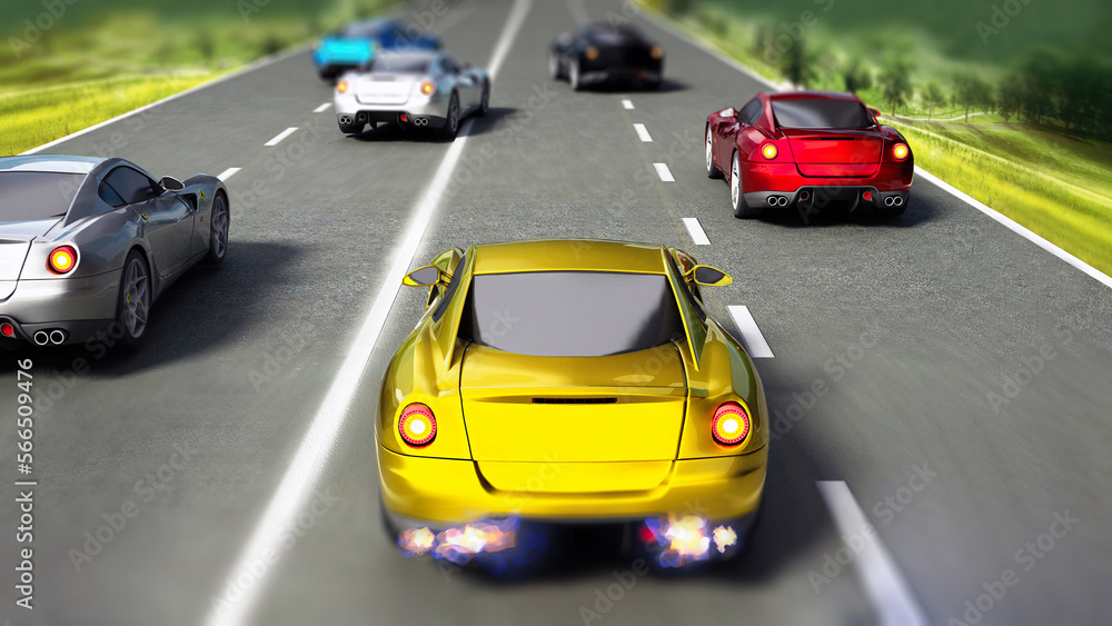Car race with various color racing cars on the road. 3D illustration