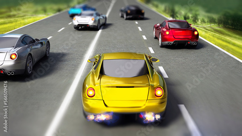 Car race with various color racing cars on the road. 3D illustration
