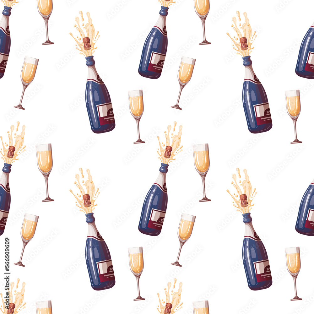 Seamless pattern with champagne, glasses, “Let’s celebrate” lettering