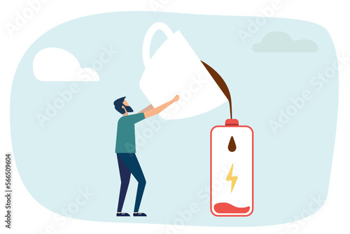 Vector illustration concept of fatigue from work. Burnout at work. The need for additional energy from coffee. Motivation for work. Coffee energy.