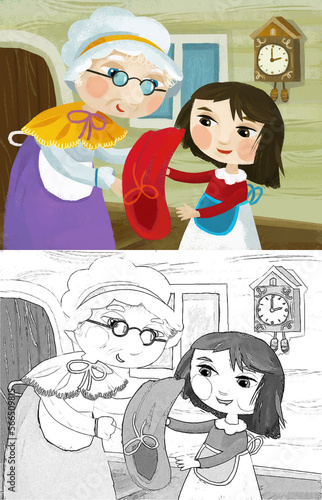 cartoon grandmother and granddaughter in the room