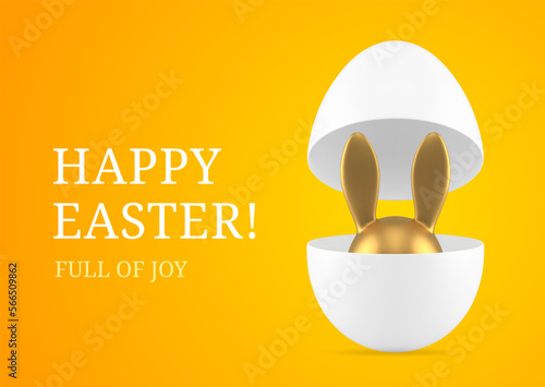 Happy Easter golden bunny hiding open chicken egg 3d greeting card design template realistic vector