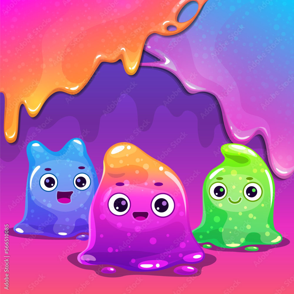 Obraz premium Poster with funny cute cartoon slimy characters