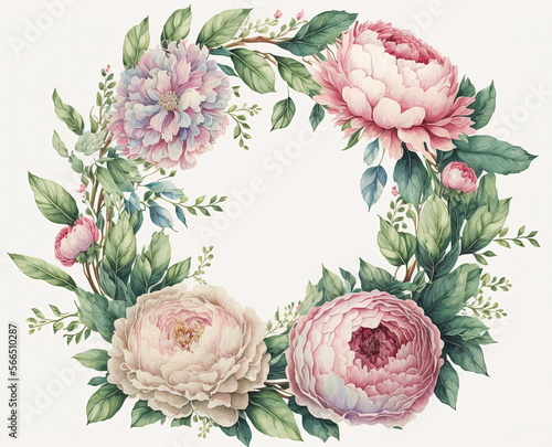 Watercolor peony wreath illustration. Wedding invitation. Flowers art print. Ai generated