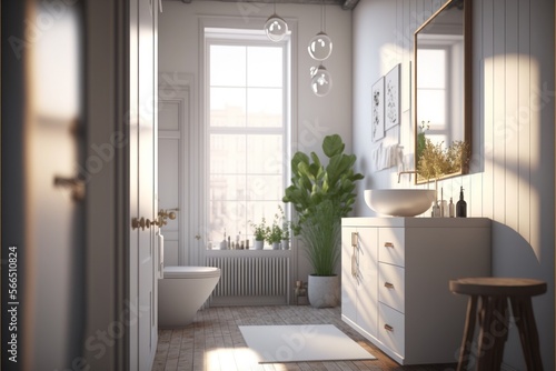 Bath Room  Interior Design  Urban Oasis  Series   White walls with light stained hardwood flooring  urban inspired furnishings with metallic accents. Generative AI 