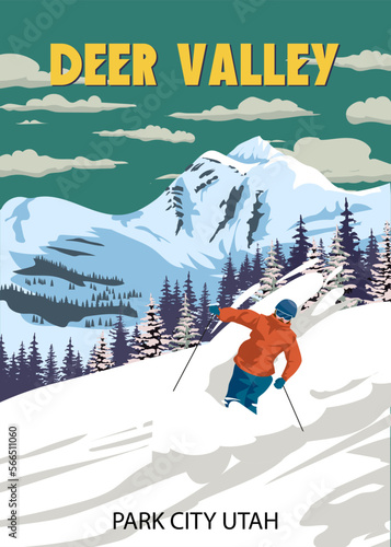 Travel poster Ski Deer Valley resort vintage. USA winter landscape travel card