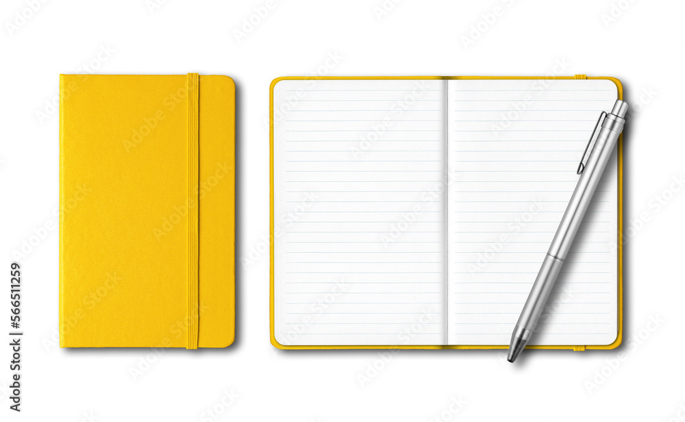 Yellow closed and open lined notebooks with a pen isolated on transparent background - obrazy, fototapety, plakaty 