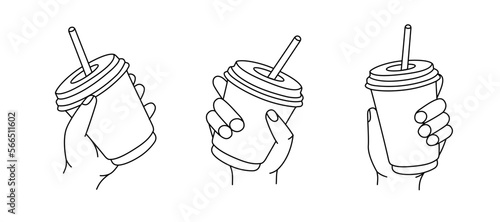 Hands holding drinks outline sketch set. Mug of coffee to takeaway line banner. Coffee time, coffee break concept. Human hand with tea mug cup mock up